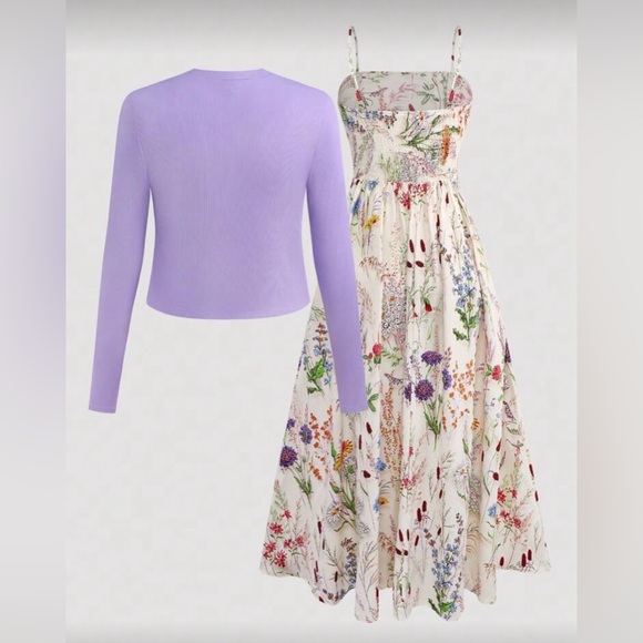 Floral Midi Dress with Lavender Cardigan Set - Picture 2 of 7